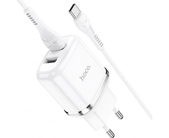 Hoco N4 universāls tīkla lādētājs 2 x USB / 5V / 2.4A + USB-C vads 1M balts