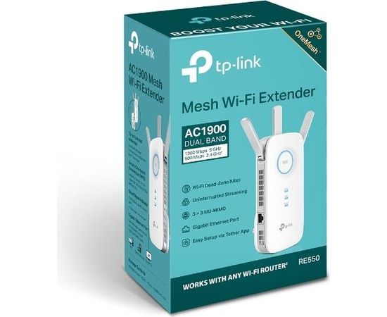 TP-LINK AC1900 Wi-Fi Range Extender RE550 802.11ac, 2GHz/5GHz, 600+1300 Mbit/s, 10/100/1000 Mbit/s, Ethernet LAN (RJ-45) ports 1, no PoE, Antenna type 3xExternal