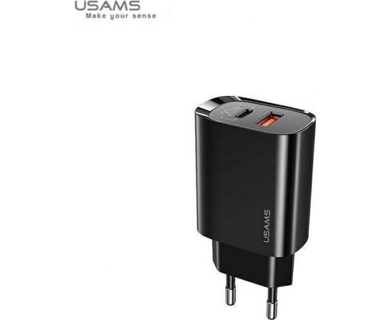 Usams US-CC121 tīkla adapteris-lādētājs 20W ar 2 portiem quick charging USB-C (Type-C) PD3.0 un quick charge USB priekš iPhone 11 / iPhone 12 Melns