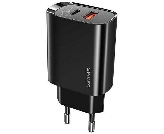 Usams US-CC121 tīkla adapteris-lādētājs 20W ar 2 portiem quick charging USB-C (Type-C) PD3.0 un quick charge USB priekš iPhone 11 / iPhone 12 Melns