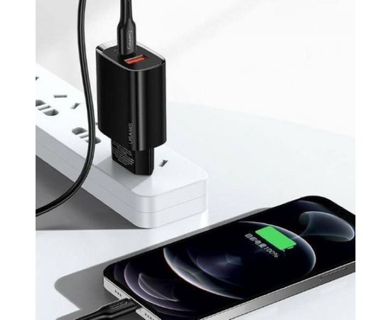 Usams US-CC121 tīkla adapteris-lādētājs 20W ar 2 portiem quick charging USB-C (Type-C) PD3.0 un quick charge USB priekš iPhone 11 / iPhone 12 Melns