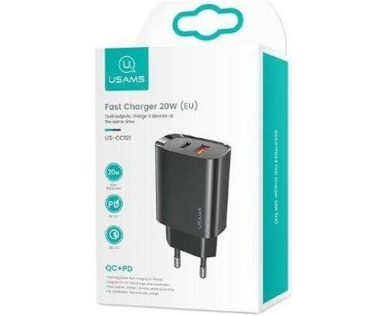 Usams US-CC121 tīkla adapteris-lādētājs 20W ar 2 portiem quick charging USB-C (Type-C) PD3.0 un quick charge USB priekš iPhone 11 / iPhone 12 Melns