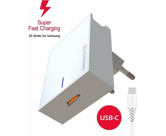 Swissten Premium 25W Samsung Super Fast Charging lādētājs ar 1.2 m USB-C uz USB-C kabeli Balts