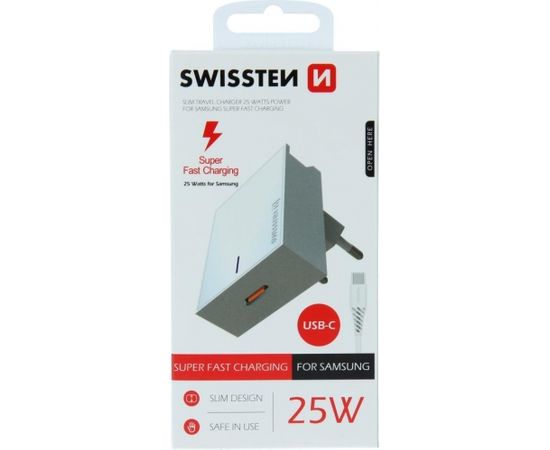 Swissten Premium 25W Samsung Super Fast Charging lādētājs ar 1.2 m USB-C uz USB-C kabeli Balts