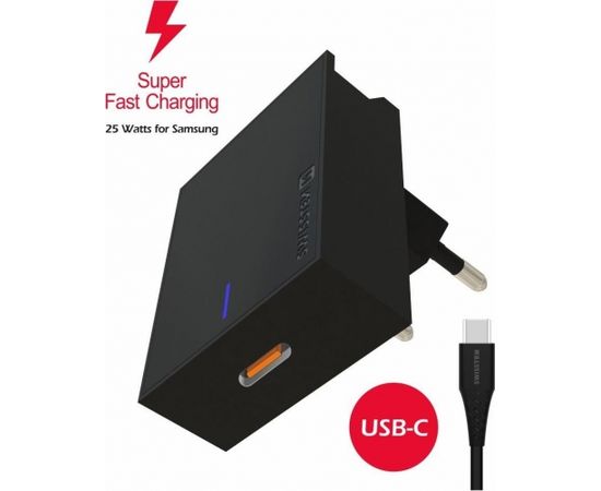 Swissten Premium 25W Samsung Super Fast Charging lādētājs ar 1.2 m USB-C uz USB-C kabeli Melns Telefonu lādētāji 220v