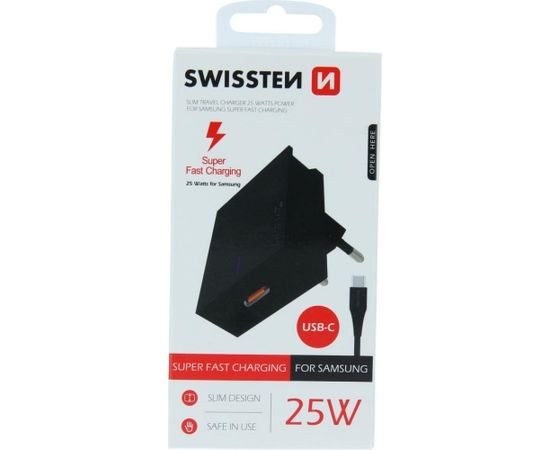 Swissten Premium 25W Samsung Super Fast Charging lādētājs ar 1.2 m USB-C uz USB-C kabeli Melns Telefonu lādētāji 220v