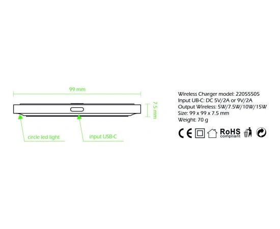 Swissten 15W Bezvadu lādētājs ar USB-C 1.5m kabeli Melns