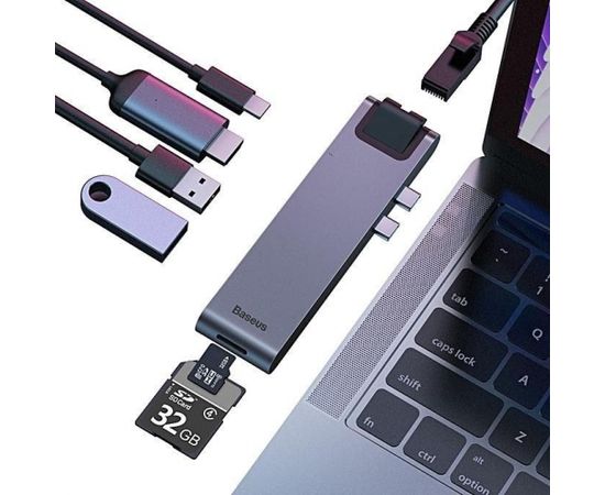 Baseus CAHUB-L0G 7 in 1 Приставка для MacBook / HDMI / 2 x USB 3.0 / USB-C / RJ45 / SD / Micro SD Thunderbolt C+ Datoru dokstacijas