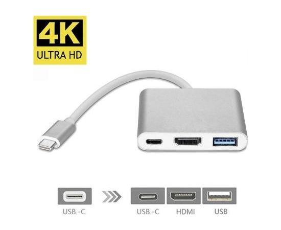 Fusion (3 in 1) USB-C Multiport Adapteris / USB 3.0 / HDMI / USB-C / Sudraba