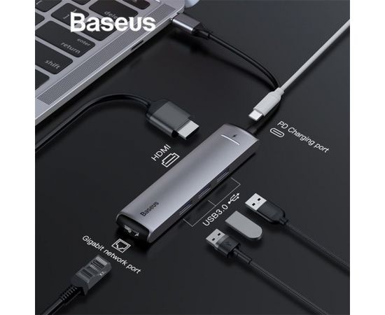 Baseus CAHUB-J0G 6 in 1 Приставка для MacBook / 1 x HDMI / 3 x USB 3.0 / USB-C / RJ45 / PD
