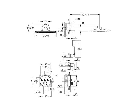 Grohe iebūvējamā dušas termostata komplekts SmartControl Perfect Rainshower 310, 3 režīmi, hroms