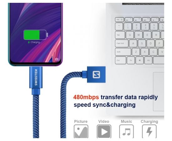 Swissten Textile Universāls Quick Charge 3.1 USB-C Datu un Uzlādes Kabelis 2m Zils