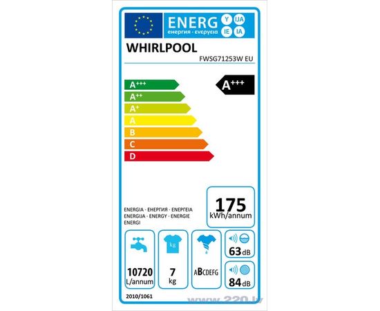 WHIRLPOOL FWSG71253WEU veļas mazg. maš., 7kg, 1200rpm, dz.44cm, 6th Sense