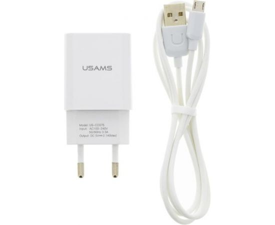 USAMS T21 USB 2A Tīkla Lādētājs + Type C Datu uzlādes kabelis Balts