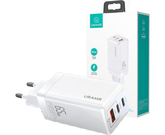 USAMS CC110TC02 tīkla lādētājs USB / 2 x USB-C / 65W / 5A / Quick Charge 3.0 balts Telefonu lādētāji 220v