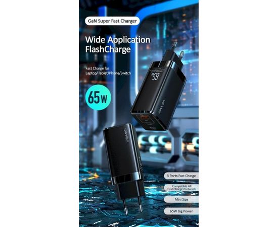 USAMS CC110TC02 tīkla lādētājs USB / 2 x USB-C / 65W / 5A / Quick Charge 3.0 balts Telefonu lādētāji 220v
