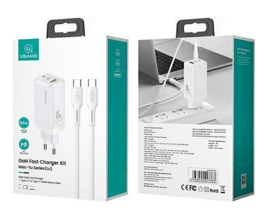 USAMS MTXLOGTC02 сетевое зарядное устройство USB / 2 x USB-C / 65W / 5A / Quick Charge 3.0 белое