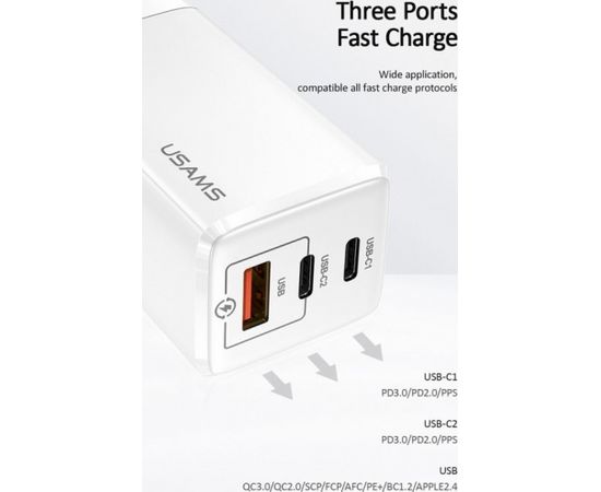 USAMS MTXLOGTC02 tīkla lādētājs USB / 2 x USB-C / 65W / 5A / Quick Charge 3.0 balts