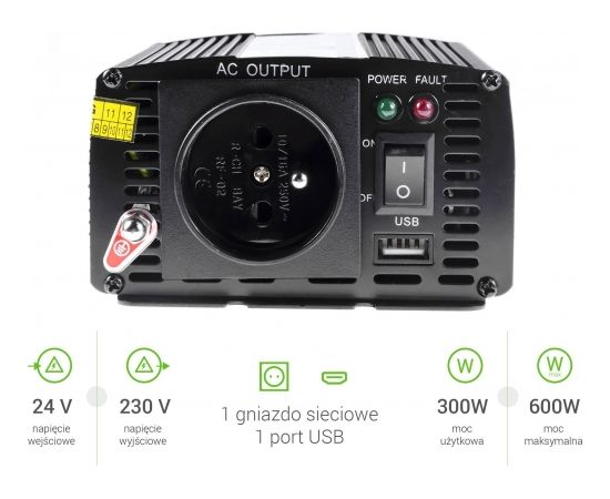 Strāvas pārveidotājs Green Cell 24V 230V, 300W/600W