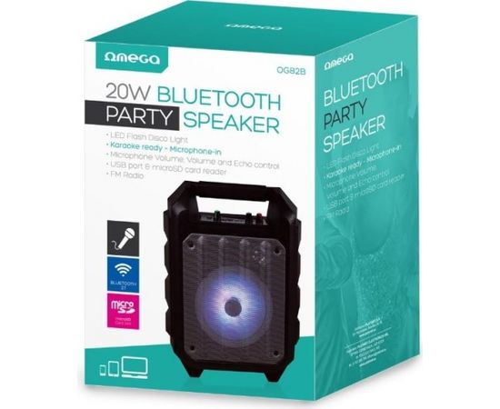 Omega OG82B Bluetooth Колонка с Micro SD / Radio / Aux / USB / LED Disco Light / Karaoke / Микрофон / 20W / Черная