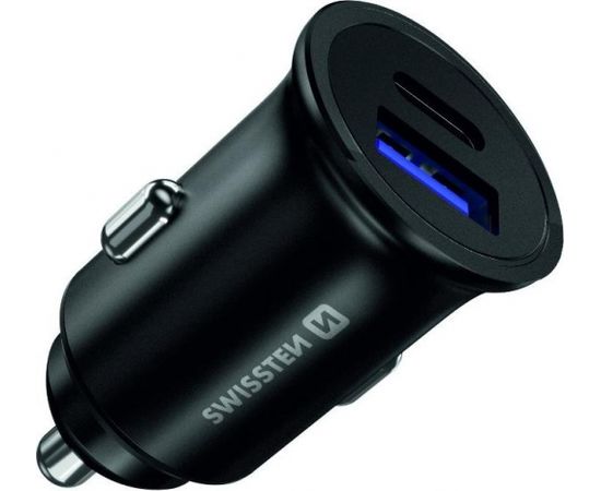 Swissten Metāla Auto Lādētājs ar Power Delivery USB-C + Quick Charge 3.0 / 36W Mobīlajiem telefoniem un Planešetdatoriem / Melns