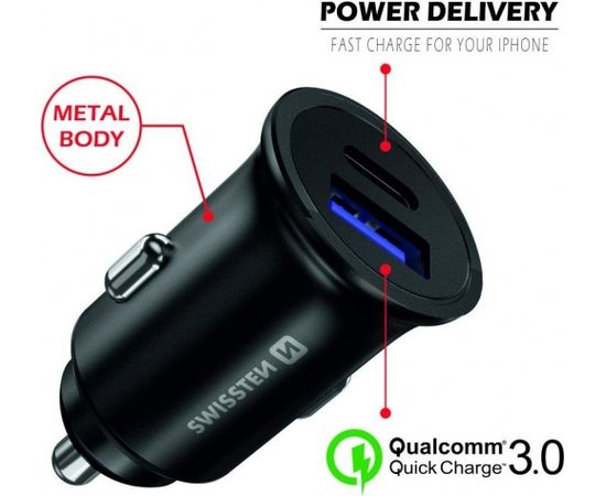 Swissten Metāla Auto Lādētājs ar Power Delivery USB-C + Quick Charge 3.0 / 36W Mobīlajiem telefoniem un Planešetdatoriem / Melns