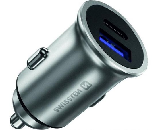 Swissten 36W Metāla Auto Lādētājs ar Power Delivery USB-C + Quick Charge 3.0 / Sudraba