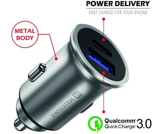 Swissten 36W Metāla Auto Lādētājs ar Power Delivery USB-C + Quick Charge 3.0 / Sudraba