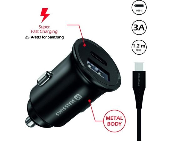 Swissten 35W Metāla automašīnas lādētāja adapteris ar 25 W Samsung SFC + 10 W USB / Melns