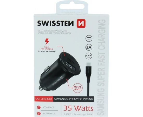 Swissten 35W Metāla automašīnas lādētāja adapteris ar 25 W Samsung SFC + 10 W USB / Melns