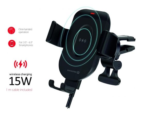 Swissten GW1-AV5 Air Vent Turētājs Gaisa Restei Ar 15W  Wireless Uzlādi + Micro USB Vads 1m Melns