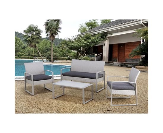 Садовая мебель VICTORIA с подушками, стол, скамья и 2 кресла, стальная рама с плетением из пластика, цвет: серый