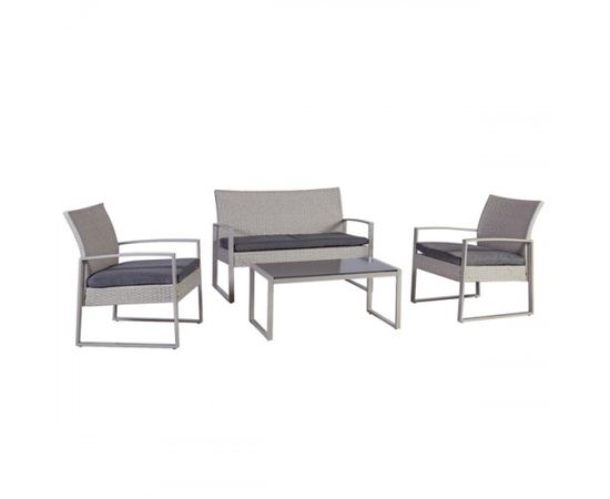Садовая мебель VICTORIA с подушками, стол, скамья и 2 кресла, стальная рама с плетением из пластика, цвет: серый