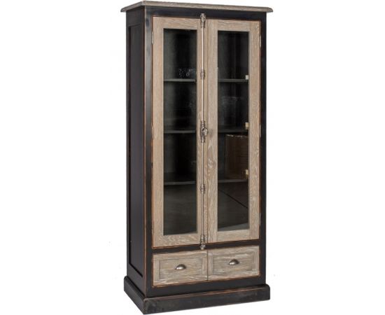 Шкаф-витрина WATSON 90x45xH180см, с 2-ящиками и 2 дверьми, материал: шпон дуба / дуб, берёза, цвет: дуб / антично-чёрный