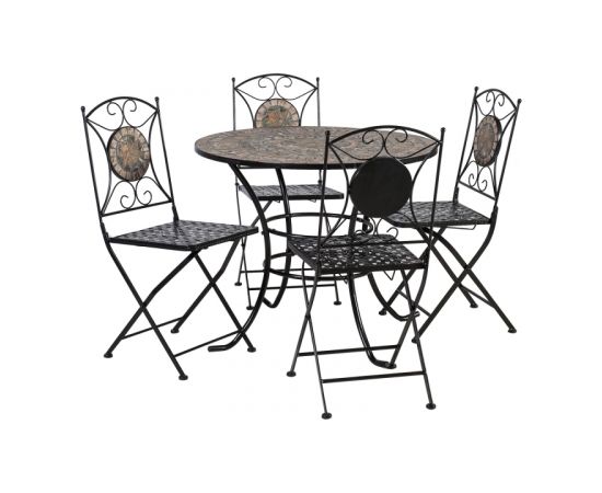 Dārza mēbeļu komplekts MOSAIC galds un 4 krēsli (38666), mozaīkas flīzes: tumši pelēkas, metāla rāmis, krāsa: melns