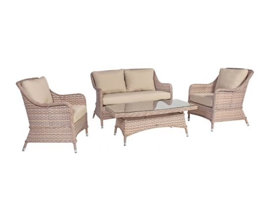 Садовая мебель EDEN стол, диван и 2 кресло, алюминиевая рама с пластиковым плетением, цвет: бежевый