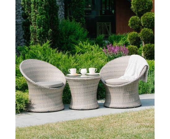 Dārza mēbeļu komplekts NOCENTO ar spilveniem, galds un 2 krēsli, alumīnija ramis ar plastikāta pinumu, krāsa: pelēka
