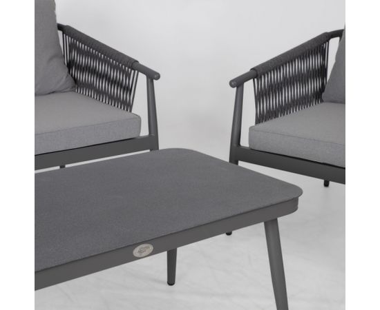 Dārza mēbeļu komplekts WEILBURG galds, dīvāns un 2 krēsli, pelēks alumīnija rāmis ar austu virvi, pelēki spilveni