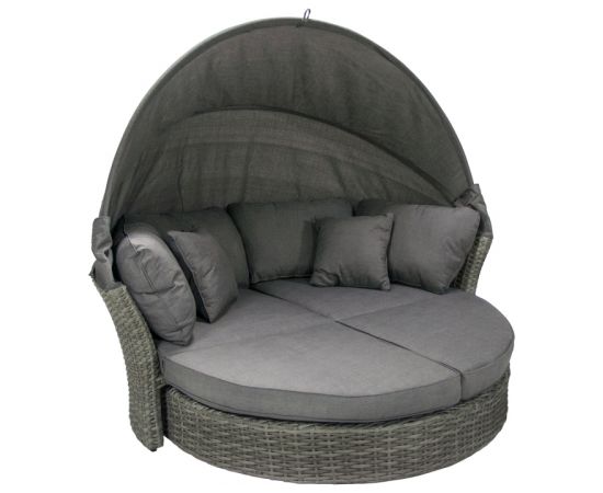 Izvelkamais dīvāns MUSE-2 ar nojumi un 2-iem pufiem ar spilveniem, rāmis: alumīnijs ar plastmasas pinumu, krāsa: pelēka