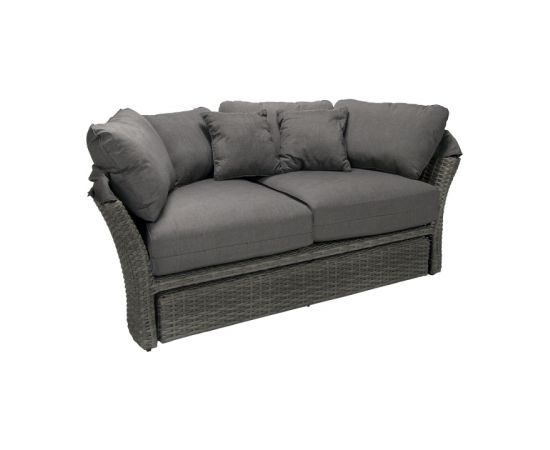 Izvelkamais dīvāns MUSE-2 ar nojumi un 2-iem pufiem ar spilveniem, rāmis: alumīnijs ar plastmasas pinumu, krāsa: pelēka