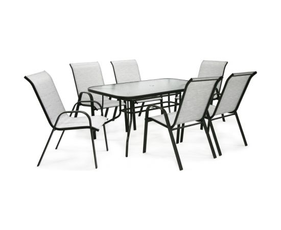 Dārza mēbeļu komplekts DUBLIN, galds un 6 krēsli, galda virsa: viļņains stikls, rāmis: tērauds, krāsa: sudraba pelēka