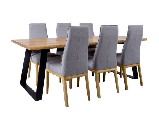 Dining set ROTTERDAM with 6-chairs (19968) particle board with natural rustic oak veneer, black metal legs