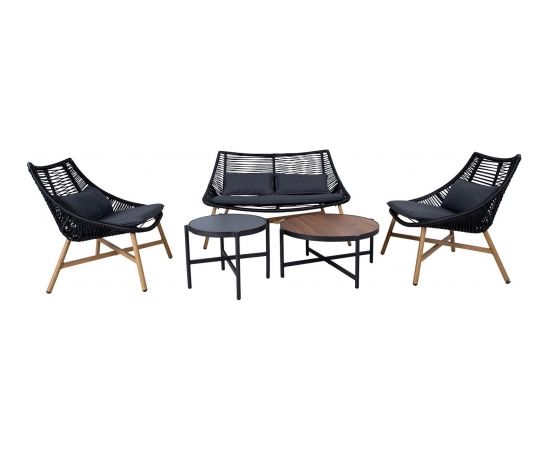 mēbeļu komplekts HELSINKI dīvāns, 2 krēsli un 2 galdi, alumīnija rāmis ar austu melnu virvi