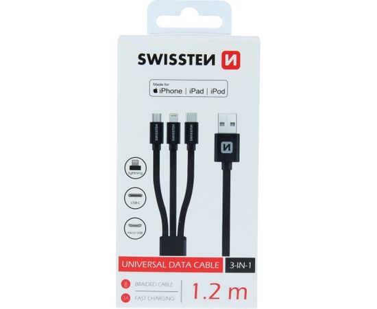 Swissten Textile Universal 3in1 USB-C / Lightning Data MFI / MircoUSB-кабель 1,2 м, черный