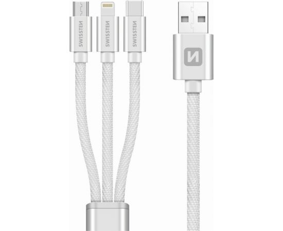 Swissten Textile Universal 3in1 USB-C / Lightning Data MFI / MircoUSB-кабель 1,2 м, Серебряный