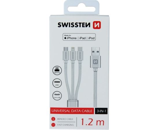 Swissten Textile Universal 3in1 USB-C / Lightning Data MFI / MircoUSB kabelis 1,2 m Sudraba