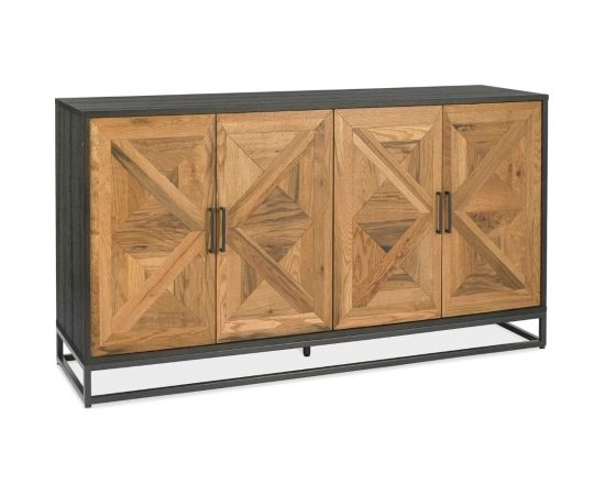 Kumode INDUS 159x46xH87cm, mozaīkas ozolkoka finiera durvis, melns korpuss, metāla pamatne Kumodes