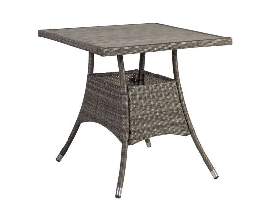 Dārza galds PALOMA 74x74xH72,5cm, galda virsma: polivuds, krāsa: brūngani pelēks, metāla rāmis ar plastikāta pinumu,