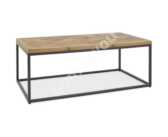 Kafijas galdiņš INDUS 114x60xH42cm, mozaīkas ozola finiera galda virsma, pelēks metāla rāmis