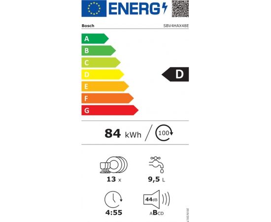 Bosch   SBV4HAX48E Built-in, Width 60 cm, Number of place settings 13, Number of programs 6, Energy efficiency class D, Display, AquaStop function, White, Height 86 cm